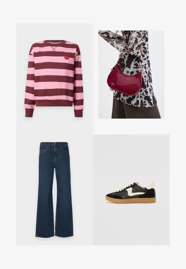 Pull rayé bordeaux et rose avec un col rond et des poignets côtelés. Présente un logo de lèvres rouges brodé avec le texte "PARIS STUDIO".; Jean en denim de lavage foncé, à pattes d'éléphant. Comprend cinq poches, une fermeture à bouton et des coutures visibles le long des coutures.; Baskets en daim et cuir noir avec un swoosh latéral crème et un talon crème clair. Dotées de lacets beige et d'une semelle en caoutchouc gomme.; Femme portant un chemisier à motif noir et blanc tenant un sac à main rouge brillant sur un fond uni.