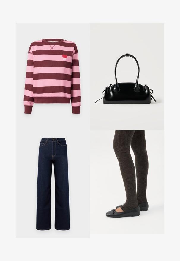 Pull rayé bordeaux et rose avec un col rond et des poignets côtelés. Présente un logo de lèvres rouges brodé avec le texte "PARIS STUDIO".; Jeans en denim bleu foncé à jambes larges, avec une taille haute, quatre poches et des coutures contrastantes le long des coutures.; Jambes portant des leggings côtelés foncés associés à des ballerines noires avec de petits détails en nœud sur fond blanc.; Petit sac à main noir brillant avec deux longues anses et des détails à cordon sur les côtés sur un fond clair uni.