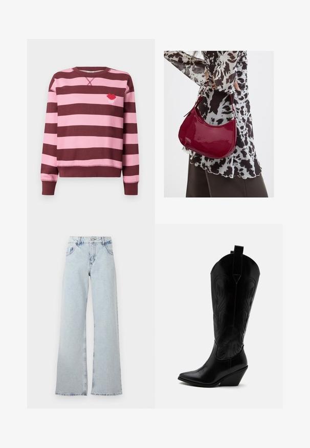 Bordeaux og lyserød stribet sweater med rund hals og ribbede manchetter. Har et broderet rødt læbe-logo med teksten "PARIS STUDIO".; Lyseblå bred ben jeans lavet af denim, med høj talje, bælteholdere, fem lommer og slidte områder for et vintage udseende.; Sort læder cowboystøvle med spidst tåparti, skråt blokhælhæl, dekorative sømme og trækstropper øverst mod hvid baggrund.; Kvinde iført en sort- og hvidmønstret bluse, der holder en blank rød skuldertaske mod en ensfarvet baggrund.