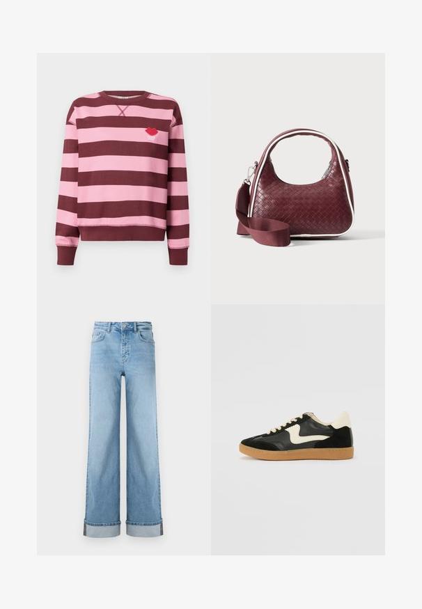 Bordeaux og lyserød stribet sweater med rund hals og ribbede manchetter. Har et broderet rødt læbe-logo med teksten "PARIS STUDIO".; Lyseblå, vide jeans i klassisk denim med høj talje, prydet med opbrettede kanter og synlig søm.; Sorte ruskinds- og lædersneakers med en cremefarvet side-swoosh og lys cremefarvet hæl. Har beige snørebånd og en gummirubber-sål.; Mørkerød vævet lædertaske med buet hank, hvid kant, sølv lynlås og aftagelig bred stofskulderrem mod en ensfarvet baggrund.