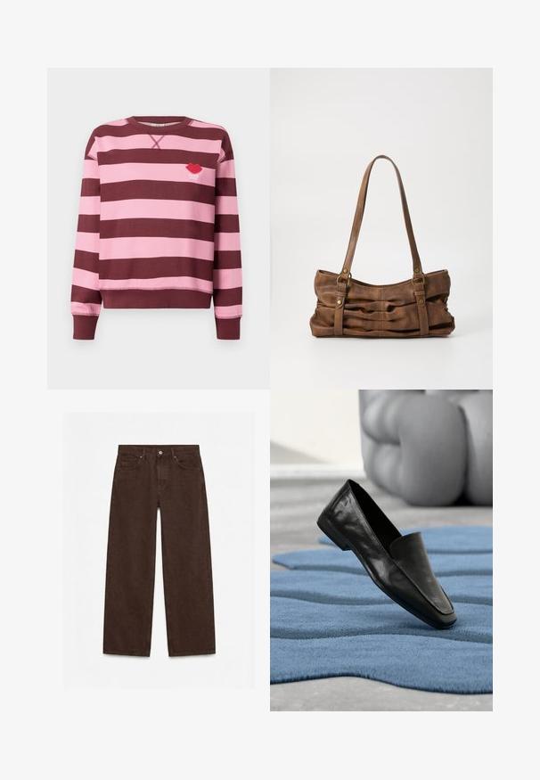 Bordeaux og lyserød stribet sweater med rund hals og ribbede manchetter. Har et broderet rødt læbe-logo med teksten "PARIS STUDIO".; Mørkebrune bukser med høj talje og lige ben, med forreste knap, lynlås, bæltestropper og design med fem lommer.; Sort lædersko med glat tekstur, spids snude og lav flad sål, placeret over et blåt mønstret tæppe.; Even&Odd Håndtasker - brown