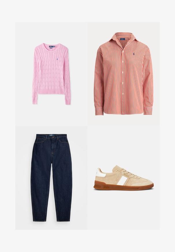 Pull rose en maille torsadée à manches longues avec col rond et petit logo bleu brodé sur la poitrine.; Chemise homme à manches longues boutonnée avec des rayures verticales rouges et blanches et un petit logo bleu brodé sur la poitrine.; Jeans en denim bleu marine avec une coupe droite, dotés de surpiqûres orange, d'une fermeture à bouton à l'avant et de cinq poches.; Baskets en daim beige avec des bandes blanches, une semelle en caoutchouc et des accents marron clair. Présentent un corps texturé et un logo sur le côté.