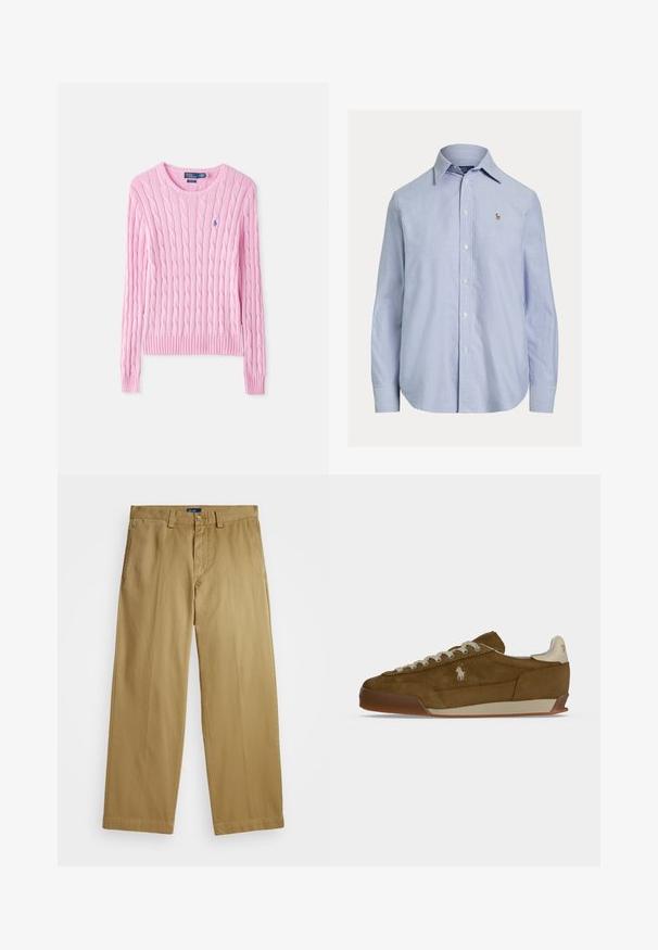 Lyserød kabelstrikket langærmet sweater med rund hals og lille blåt broderet logo på brystet.; Lyseblå skjorte med lange ærmer og knapper, med spids krave og lille broderet logo på venstre bryst.; Polo Ralph Lauren COTTON CHINO STRAIGHT LEG TROUSER - Chino - khaki; Brun ruskind sneaker med cremefarvede snørebånd, tyk sål og et lille hvidt broderet logo på siden.
