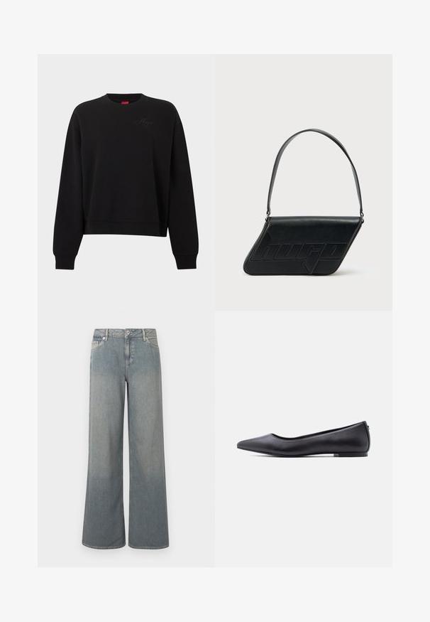 Sweat-shirt noir à manches longues avec col rond, poignets et ourlet côtelés, comportant un logo "Hugo" embossé subtil sur la poitrine.; Jean large coupe large délavé clair en denim, doté d'un design classique à cinq poches, d'une fermeture éclair et bouton, avec des accents d'ourlet effiloché.; Chaussure plate en cuir noire à bout pointu avec petit talon, vue de profil sur fond blanc.; Sac d'épaule en cuir noir de forme triangulaire, avec un logo embossé et une seule bandoulière réglable. Design minimaliste avec une texture lisse.