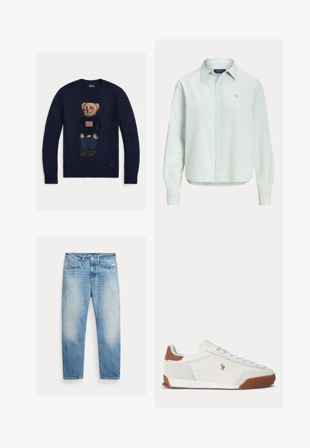 Marineblauwe gebreide trui met teddybeer die een spijkerbroek en een zwarte trui met Amerikaanse vlag draagt, rode "RL" initialen op de onderzoom.; Lichtblauw overhemd met lange mouwen, knopen en kraag, met klein geborduurd Polo Ralph Lauren-logo op de borst en zichtbare witte knopen aan de voorkant.; Lichtblauwe verweerde rechtvallende spijkerbroek met voorzakken, knoop- en ritssluiting en lichte slijtage op de rechterdij.; Witte lage sneaker met bruine suède accenten bij hiel en neus, witte veters en een klein bruin geborduurd logo aan de zijkant.