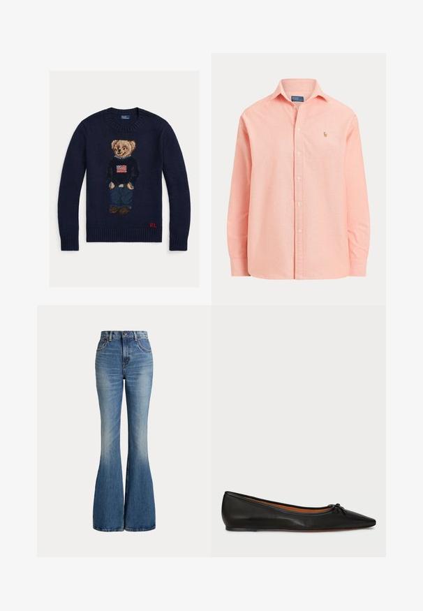 Marineblå strikket sweater med bamse iført jeans og sort sweater med amerikansk flag, røde "RL" initialer på nederste kant.; Lyserød langærmet skjorte med knapper, krave og lille broderet logo på venstre bryst.; Højtaljede blå jeans i denim med klokkeformede ben og let falmet område foran på låret, vist mod hvid baggrund.; Sorte læderballetflade med spids tå, slank silhuet og en lille sløjfedetalje på forsiden. Glat tekstur og minimalistisk design.