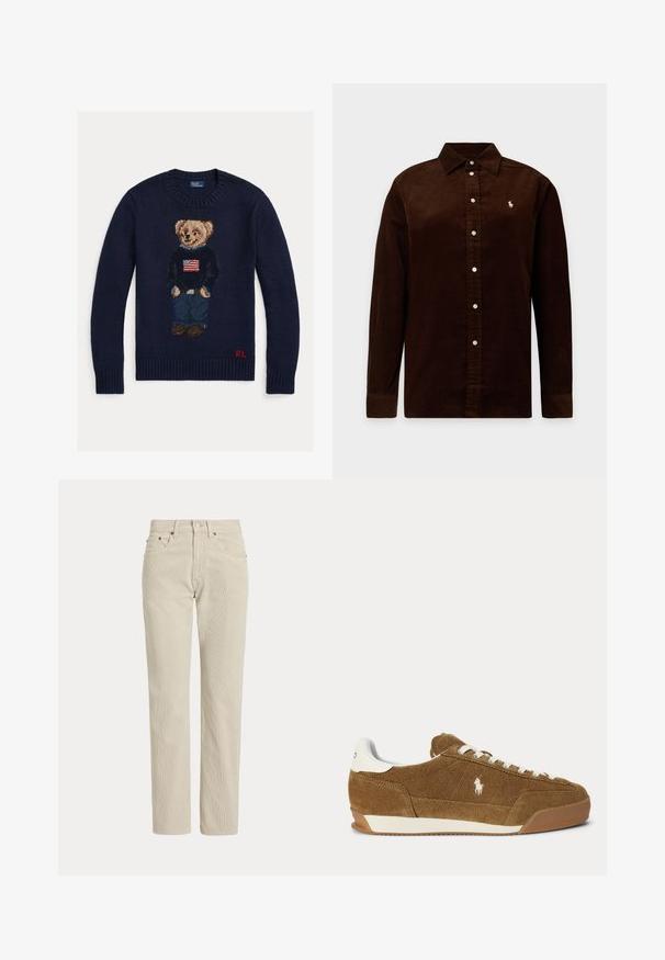 Marineblå strikket sweater med bamse iført jeans og sort sweater med amerikansk flag, røde "RL" initialer på nederste kant.; Mørkebrun cordfløjls-langærmet skjorte med knapper foran og et lille broderet logo på venstre bryst.; Beige, lige-benede fløjlsbukser med bæltestropper, frontknap, lynlås og frontlommer.; Brun ruskind lav-top sneaker med hvide snørebånd, hvid hælaccent, gummisål og broderet Polo-logo på siden.