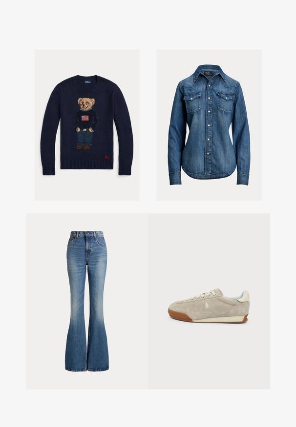 Marineblauwe gebreide trui met teddybeer die een spijkerbroek en een zwarte trui met Amerikaanse vlag draagt, rode "RL" initialen op de onderzoom.; Blauw denim overhemd met lange mouwen, parelachtige drukknoopjes, twee borstflappen en een puntige kraag van Polo Ralph Lauren.; High waist blauwe spijkerbroek met uitlopende pijpen en lichte vervaging aan de voorkant van het bovenbeen, getoond tegen een witte achtergrond.; Beige suède sneaker met witte veters, bruine rubberen zool en klein geborduurd logo aan de zijkant, gezien vanuit de buitenkant.