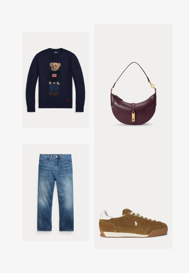 Marineblå strikket sweater med bamse iført jeans og sort sweater med amerikansk flag, røde "RL" initialer på nederste kant.; Blå vaskede denimjeans med lige ben, forlommer, bæltestropper og falmede detaljer på lår og knæ.; Brun ruskind lav-top sneaker med hvide snørebånd, hvid hælaccent, gummisål og broderet Polo-logo på siden.; Lille mørkelilla læder skuldertaske med guld lynlås og guldrektangulært logo på frontstroppen.
