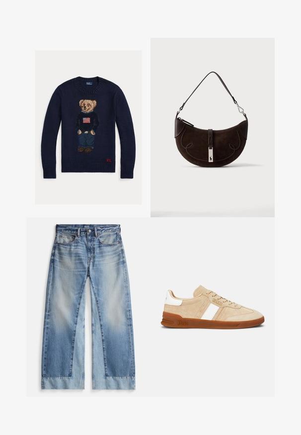 Marineblå strikket sweater med bamse iført jeans og sort sweater med amerikansk flag, røde "RL" initialer på nederste kant.; Lyseblå jeans med vide ben og en falmet vask, der har to lommer foran, knaplukning og frynsete kanter. Fremstillet af denimstof.; Beige ruskindssneakers med hvide striber, gummisål og brune detaljer. Har en tekstureret overflade og en logo på siden.; Mørkebrun måneformet ruskindstaske med flettet kant, læderrem og en sølvspænde med en lille hestelogo.