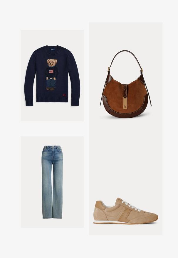 Navy blue knit sweater with teddy bear wearing jeans and black sweater with American flag, red "RL" initials on bottom hem.; High-waisted, straight-leg blue jeans with front pockets, belt loops, and button closure, featuring subtle faded detailing.; Light brown suede and leather low-top sneaker with white laces and a white rubber sole shown from the side on a white background.; Brown suede and leather crescent-shaped handbag with single strap and gold-tone clasp featuring a small horse and rider logo.