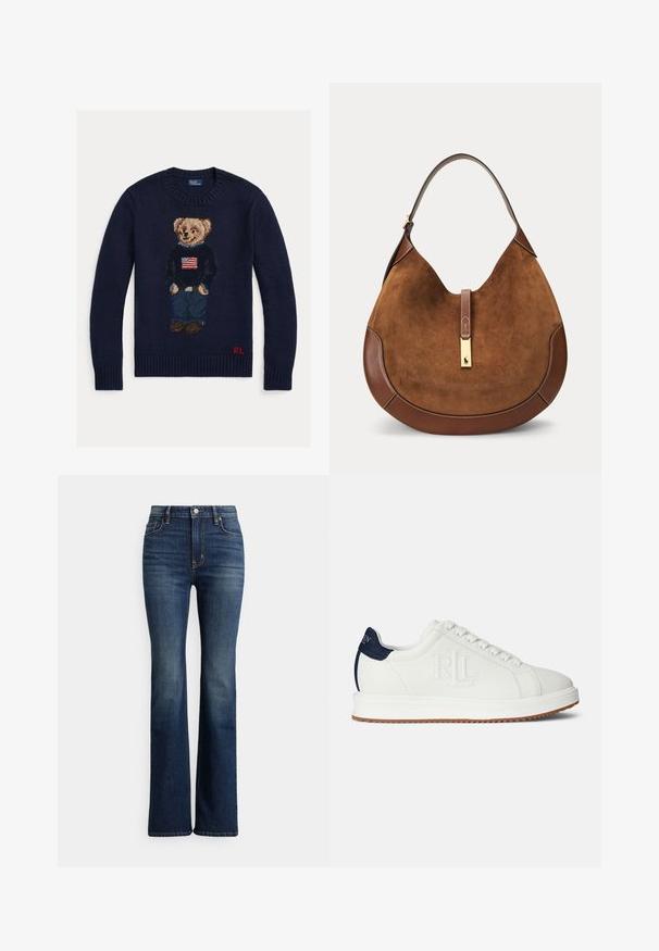 Marineblauwe gebreide trui met teddybeer die een spijkerbroek en een zwarte trui met Amerikaanse vlag draagt, rode "RL" initialen op de onderzoom.; Donkerblauwe high-waist bootcut jeans met knoopsluiting aan de voorkant en zakken, lichte vervaging op de dijen en knieën, weergegeven tegen een witte achtergrond.; Witte sneakers met een gestructureerd oppervlak, marineblauwe accenten bij de hiel en een rubberen zool. Voorzien van een genaaid logo aan de zijkant.; Bruine suède en leren hobo-tas met een gebogen vorm, enkele schouderriem en een sluiting in goudkleur met een klein logo.