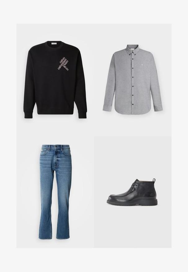 Sort sweatshirt lavet af bomuld, med rund hals og lange ærmer. Bemærkelsesværdig diagonalt lys pink tekstlogo på fronten.; Lysegrå skjorte med lange ærmer, knapper foran og knaplukket krave samt det lille "cK" logo broderet på venstre bryst.; Lyseblå denim jeans med lige pasform og let flare. Har fem lommer, knaplukning og subtile slidte detaljer.; Sorte læder ankelstøvler med rund tå, snørelukning og en løkke bagpå. Tekstureret overdel og gummisål.