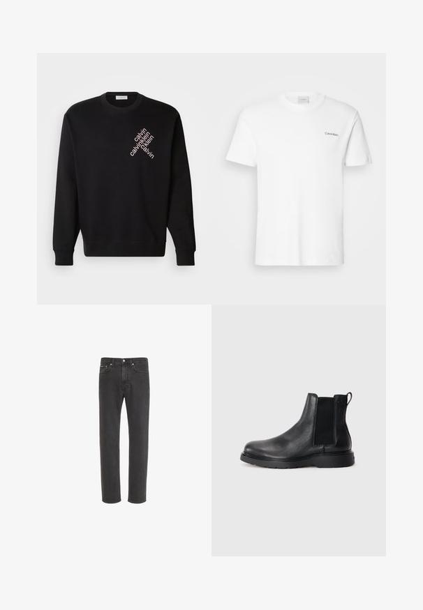 Sort sweatshirt lavet af bomuld, med rund hals og lange ærmer. Bemærkelsesværdig diagonalt lys pink tekstlogo på fronten.; Hvid bomulds T-shirt med korte ærmer og rund halsudskæring. Har et lille sort "Calvin Klein" logo på venstre bryst.; Sorte jeans med lige ben i denim med knap- og lynlås-lukning foran, for- og baglommer, vist på hvid baggrund.; Sorte læder chelsea støvler med tekstureret finish, elastiske sidepaneler og en robust gummisål. Subtil branding på hælen.