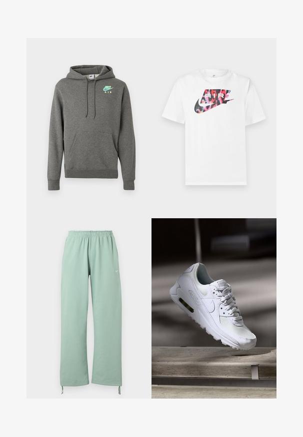 Donkergrijze Nike Air hoodie met een voorzak en een neonblauwe en gele logo op de linkerborst, weergegeven op een witte achtergrond.; Witte T-shirt met korte mouwen en een groot Nike-logo in zwart met een multicolor luipaardprintpatroon en het woord "AIR" binnen het logo.; Lichtgroene sweatpants met wijde pijpen, een elastische tailleband, Nike-logo op de linker dij en verstelbare koordjes aan de zoom.; Witte Nike Air Max 90 sneaker met een bovenwerk van mesh en leer, een geperforeerde teenbox en een zichtbare luchtunit in de hiel.