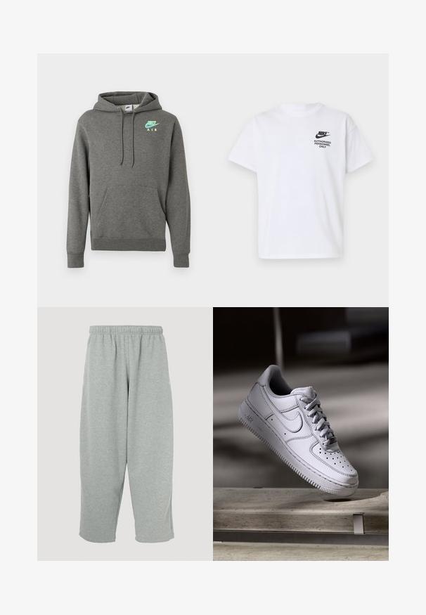 Donkergrijze Nike Air hoodie met een voorzak en een neonblauwe en gele logo op de linkerborst, weergegeven op een witte achtergrond.; Witte Nike T-shirt met korte mouwen, zwart "Nike"-logo en de tekst "Authorized Personnel Only" op de linkerborst.; Lichtgrijze joggingbroek met een elastische tailleband, taps toelopend ontwerp en zachte textuur. Geen zichtbare merklogo's of patronen.; Witte Nike Air Force 1 sneaker van leer met geperforeerde neus, platte veters en een gestructureerde rubberen zool met "AIR"-logo aan de zijkant.