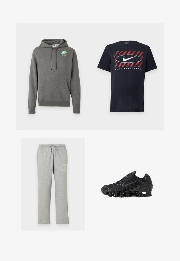 Tumedashalline Nike Air kapuutsiga särk, millel on ees tasku ja neoonsinine ja -kollane logo vasakul rinnal, esitatud valgel taustal.; Must Nike lühikeste varrukatega t-särk punase diagonaalse pintslitõmbega taustaga, valge ovaalse äärega ning valge Nike logoga ja tekstiga "Nike Sportswear".; Hallid dressipüksid elastse vöökohaga ja nööriga, millel on väike valge ümmargune logo vasaku reie ülaosas.; Mustad võrgu- ja sünteetilisest materjalist sportlikud jalanõud, millel on eriline laineline disain, must kummist talla ja peegeldavad lisandid.