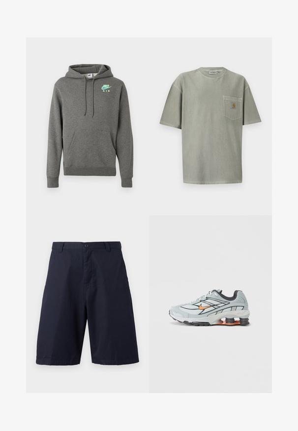 Dunkelgrauer Nike Air Hoodie mit frontaler Kängurutasche und neonblauem sowie -gelbem Logo auf der linken Brust, präsentiert vor weißem Hintergrund.; Hellgraues T-Shirt mit kurzen Ärmeln und Rundhalsausschnitt, linke Brusttasche mit kleinem braunem Carhartt-Logo.; Marineblaue knielange Shorts mit Knopfverschluss, Gürtelschlaufen und geradem Bein auf weißem Hintergrund.; Hellgrauer Laufschuh mit schwarzen Akzenten, orangefarbenem Logo, Mesh-Obermaterial, gepolstertem Schaft und Gummisohle mit sichtbaren stoßdämpfenden Einheiten.