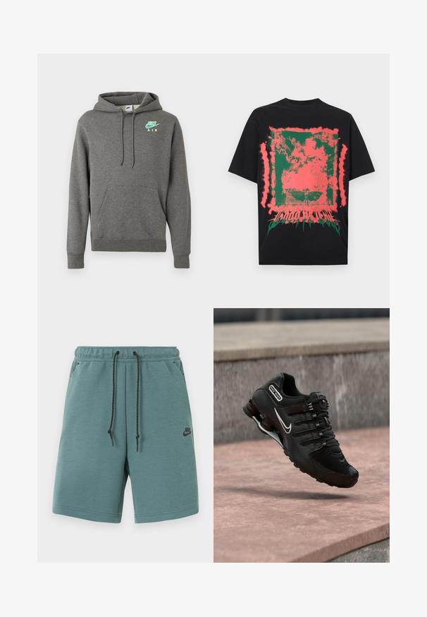 Tummanharmaa Nike Air -huppari, jossa on etupuolella tasku ja neon sininen sekä keltainen logo vasemmalla rinnalla, esillä valkoista taustaa vasten.; Musta t-paita, jossa on abstrakti vihreä ja pinkki roiskekuvio neliö ja vääristynyt teksti alaosassa keskellä.; Sinivihreät Nike-shortsit mustalla kiristysnyörillä, joustavalla vyötärönauhalla, sivutaskuilla ja pienellä mustalla Nike-logolla vasemmassa reidessä.; Musta Nike Shox -juoksukenkä, jossa valkoinen swoosh-logo, keskellä ilmaa vaaleanpunertavan betonipinnan yläpuolella harmaan kiviseinän edessä.