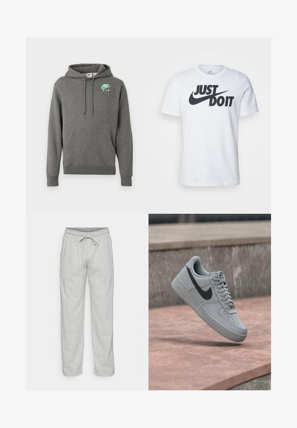 Hoodie Nike Air gris foncé avec poche kangourou à l'avant et logo néon bleu et jaune sur la poitrine gauche, présenté sur un fond blanc.; T-shirt en coton blanc avec un logo noir "Just Do It" bien en vue et le swoosh de Nike. Design classique à col rond avec des manches courtes.; Pantalon de survêtement gris clair en tissu doux. Dispose d'une taille élastique avec cordon de serrage et logo Nike en noir sur la cuisse gauche.; Baskets Nike Air Force 1 grises avec logo swoosh noir, semelle blanche et lacets, présentées en suspension au-dessus d'une surface en béton.