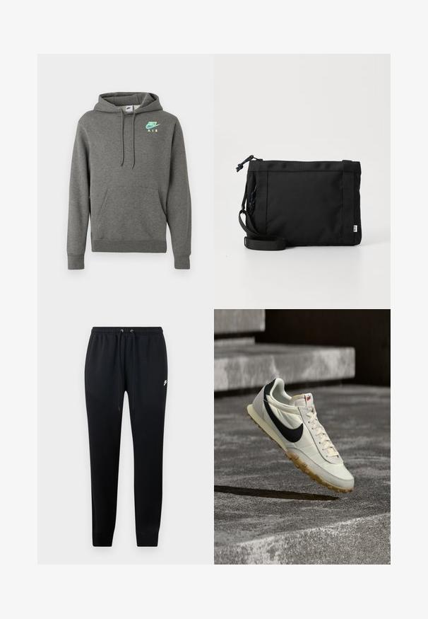 Tmavošedá mikina Nike Air s prednou vreckom a neonovo modrým a žltým logom na ľavej hrudi, vystavená na bielom pozadí.; Čierne teplákové nohavice z mäkkej tkaniny, s elastickým pásom na šnúrky, s manžetami na členkoch a malým logom na boku.; Biely a čierny teniska značky Nike s podrážkou farby žuvačky, visiaca nad betónovými schodmi, osvietená prirodzeným slnečným svetlom.; Čierna textilná ramenná taška s textúrovaným povrchom, nastaviteľným pásom a sťahovaním. Vyznačuje sa výrazným prešívaním a bočným štítkom.