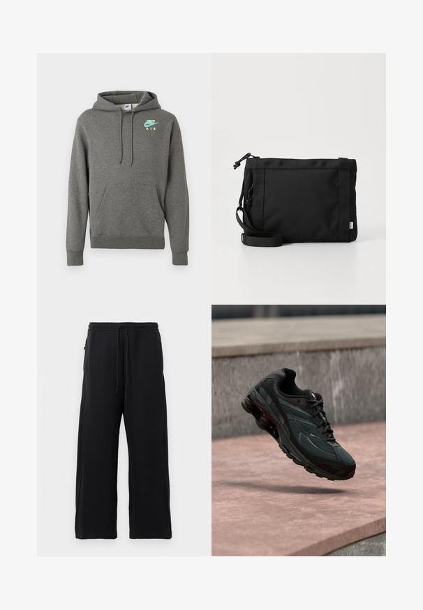 Tumedashalline Nike Air kapuutsiga särk, millel on ees tasku ja neoonsinine ja -kollane logo vasakul rinnal, esitatud valgel taustal.; Mustad mustad, pehmest kangast, tõmbluku ülesehitusega, laiad jalad ja küljetaskud, mis omavad siledat tekstuuri.; Must sportlik toss nähtava õhkpadi keskmise tallaga, hõljudes roosa kivipinna kohal, mille taustal on hall kivimüür.; Must mustra asendiga must kott, millel on tekstuuriga välimus, reguleeritav rihm ja nööriga sulgemine. Omab julgeid õmblusi ja külglabelit.