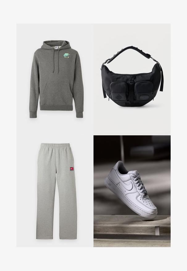 Tummanharmaa Nike Air -huppari, jossa on etupuolella tasku ja neon sininen sekä keltainen logo vasemmalla rinnalla, esillä valkoista taustaa vasten.; Harmaat collegehousut, joissa on joustava vyötärönauha, suora leikkaus ja pieni punavalkoinen Nike-logo vasemmalla puolella. Pehmeä pinta.; Valkoinen nahkainen Nike Air Force 1 -tennari, jossa on rei'itetty kärki, litteät nauhat ja kuvioitu kumipohja, jossa on "AIR"-merkintä sivulla.; Musta puolikuun muotoinen olkalaukku, jossa on pehmustettu säädettävä olkahihna ja kaksi vetoketjullista etutaskua vedinlenkkeineen.