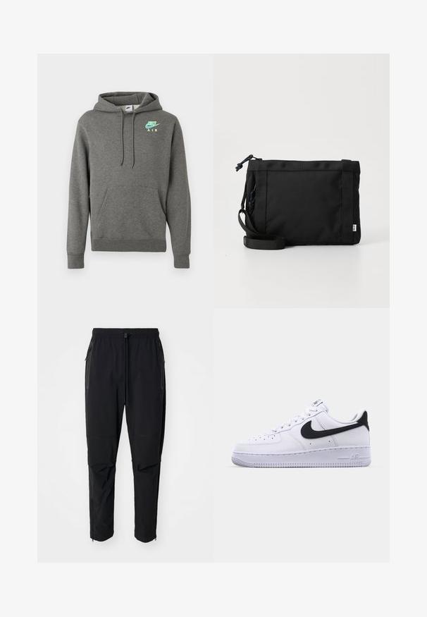 Tumedashalline Nike Air kapuutsiga särk, millel on ees tasku ja neoonsinine ja -kollane logo vasakul rinnal, esitatud valgel taustal.; Mustad musta värvi, kergest materjalist väljakäimise püksid elastse vöökoha ja reguleeritava tõmblukuotsaga. Omavad lukuga taskuid ja kitsenevaid varrukaid.; Valge nahast toss musta tekstuuriga Swooshiga, lamedate nööridega ja kummist tallaga, millel on sooneline muster. "AIR" on reljeefne kandadel.; Must mustra asendiga must kott, millel on tekstuuriga välimus, reguleeritav rihm ja nööriga sulgemine. Omab julgeid õmblusi ja külglabelit.