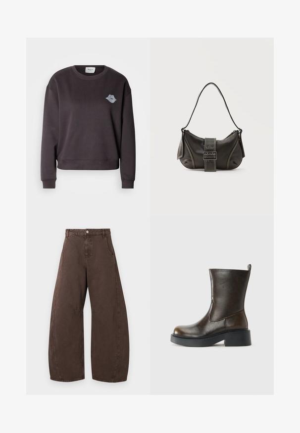 Sweat-shirt gris foncé à col rond et manches longues, orné d'un discret motif de lèvres brodé sur la poitrine gauche. Texture douce.; Pantalon marron à jambes larges avec taille haute, fermeture avant à boutons et fermeture éclair, et poches latérales, présenté à plat sur fond blanc.; Botte en cuir marron foncé jusqu'au mollet avec un bout rond, épaisse semelle noire, petit talon block, et une languette à l'arrière.; Sac à épaule en cuir noir avec une sangle à boucle, des bords arrondis et des coutures blanches contrastées sur un fond uni.