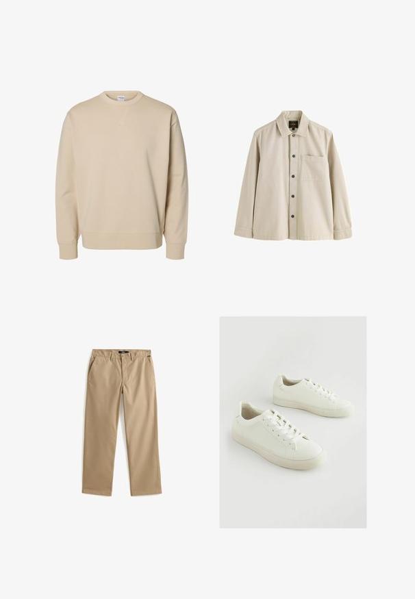 Sudadera beige con cuello redondo, mangas largas, puños y bajo acanalados, y un pequeño detalle en forma de V cosido debajo del cuello.; Camisa beige de manga larga con botones, cuello y un bolsillo en el pecho, hecha de una tela resistente.; Pantalones beige de pierna recta con cierre de botón y cremallera, trabillas para cinturón y bolsillos laterales, colocados planos sobre un fondo blanco.; Zapatillas blancas de material sintético texturizado, con puntera redonda, diseño con cordones y suela de goma ligeramente elevada.