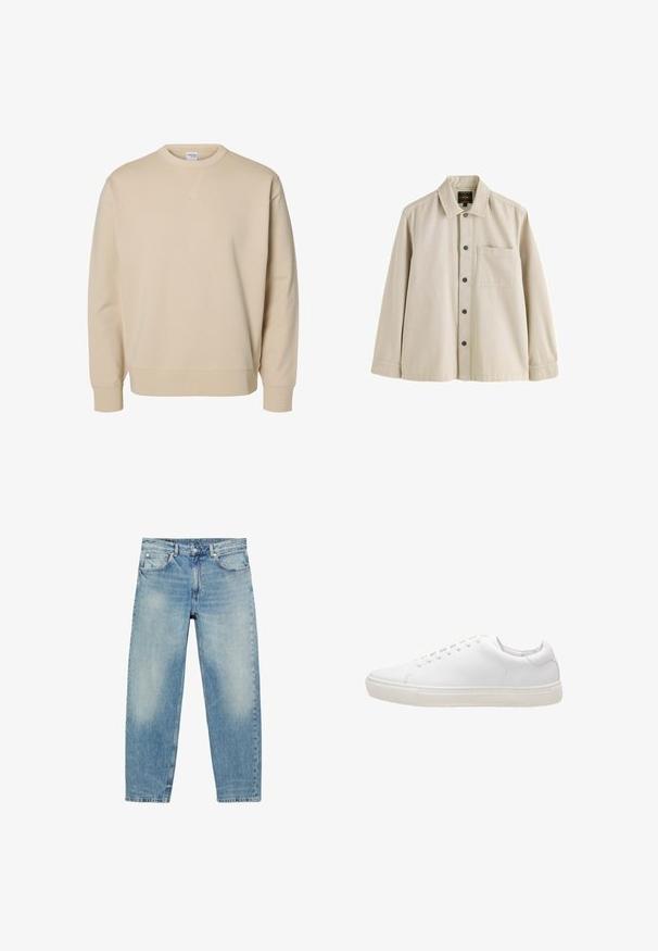 Beiges Sweatshirt mit Rundhalsausschnitt, langen Ärmeln, gerippten Bündchen und Saum sowie einem kleinen aufgenähten V-Detail unter dem Kragen.; Beiges Langarmhemd mit Knöpfen, Kragen und einer Brusttasche aus robustem Stoff.; Blue Jeans mit geradem Bein, vorderen Taschen und Gürtelschlaufen, die leichte Verblassungen an Oberschenkeln und Knien zeigen.; Weiße Leder-Sneaker mit glatter Textur, runder Zehenpartie, Schnürverschluss und flacher Gummisohle. Minimalistisches Design ohne sichtbare Muster.