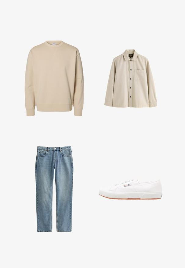 Beige sweater met ronde hals, lange mouwen, geribde boorden en zoom, en een klein gestikt V-detail onder de kraag.; Beige overhemd met lange mouwen, knopen, een kraag en één borstzak, gemaakt van stevig stof.; Lichtblauwe denim jeans met een straight-leg ontwerp, vijf zakken en een knoopsluiting. De stof heeft een licht vervaagde textuur.; Witte canvas sneakers met een rubberen zool, vetersluiting en een klein logolabel aan de zijkant. Gewreven wit bovenwerk en een bruine zool.