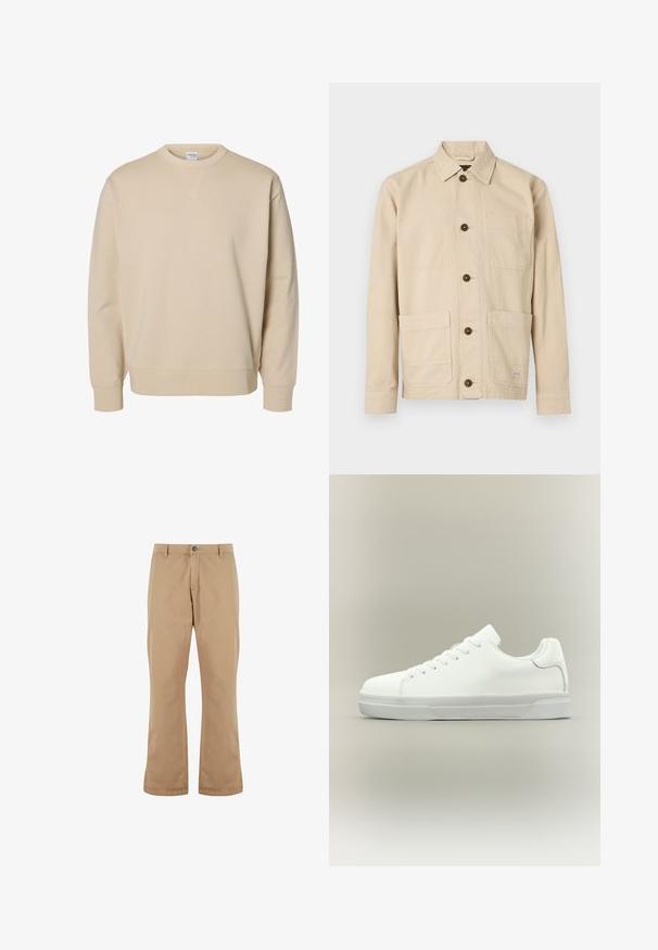 Beiges Sweatshirt mit Rundhalsausschnitt, langen Ärmeln, gerippten Bündchen und Saum sowie einem kleinen aufgenähten V-Detail unter dem Kragen.; Helle beige Arbeitsjacke aus Baumwollstoff, mit Knopfleiste, spitzem Kragen, zwei Brusttaschen, zwei unteren Taschen, braunen Knöpfen und Ziernähten.; Beige Baumwollhosen mit geradem Schnitt, ausgestattet mit einem Knopfverschluss, Vordertaschen und einer glatten Textur.; Weißer Sneaker in niedriger Schnittform mit Schnürung vorne, gepolstertem Kragen und strukturiertem Gummisohle, seitlich auf neutralem Hintergrund dargestellt.