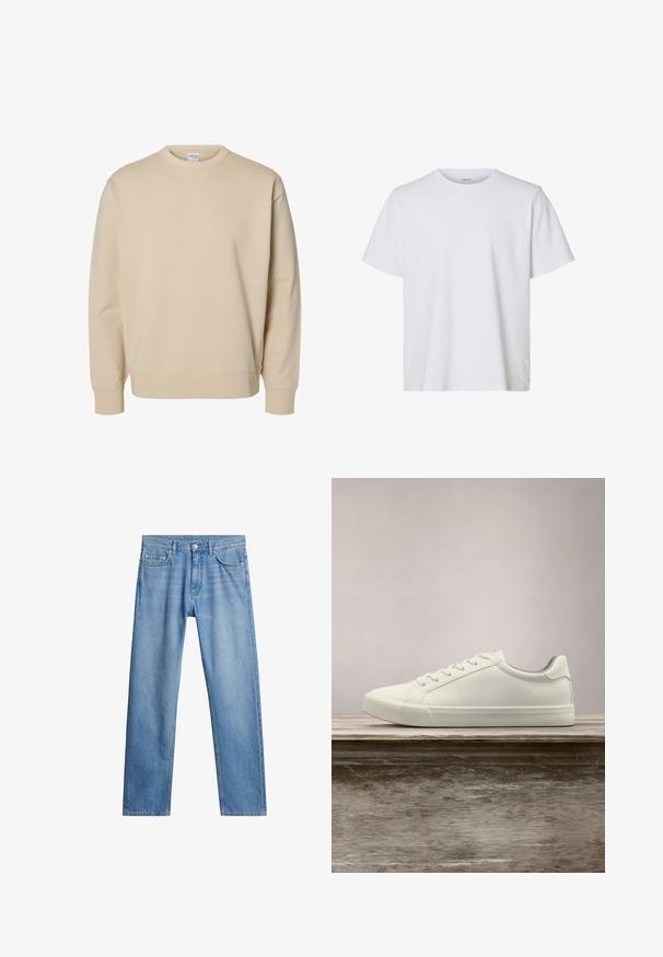 Beige sweater met ronde hals, lange mouwen, geribde boorden en zoom, en een klein gestikt V-detail onder de kraag.; Effen wit T-shirt met korte mouwen en ronde hals, met een regular fit en een gladde stoftextuur, weergegeven op een witte achtergrond.; Lichtblauwe denim jeans met een rechte pijp, vijf zakken en een metalen knoopsluiting. Gemêleerde stof met vervaagde details aan de voorkant.; Witte vetersneaker die boven een houten bank zweeft met groene bladeren op de achtergrond, waarbij het ontwerp en de textuur van de schoen worden getoond.