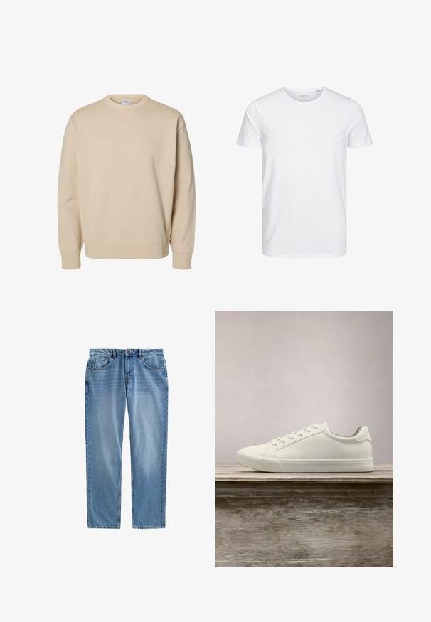 Sudadera beige con cuello redondo, mangas largas, puños y bajo acanalados, y un pequeño detalle en forma de V cosido debajo del cuello.; Camiseta de manga corta y cuello redondo en blanco sólido, fabricada en algodón suave, presenta un diseño simple sin patrones ni acentos visibles.; Jeans de mezclilla azul claro con corte recto, diseño de cinco bolsillos, costuras visibles y cremallera. Sin desgastes ni patrones presentes.; Zapatilla blanca con cordones flotando sobre un banco de madera con follaje verde al fondo, mostrando el diseño y la textura del zapato.