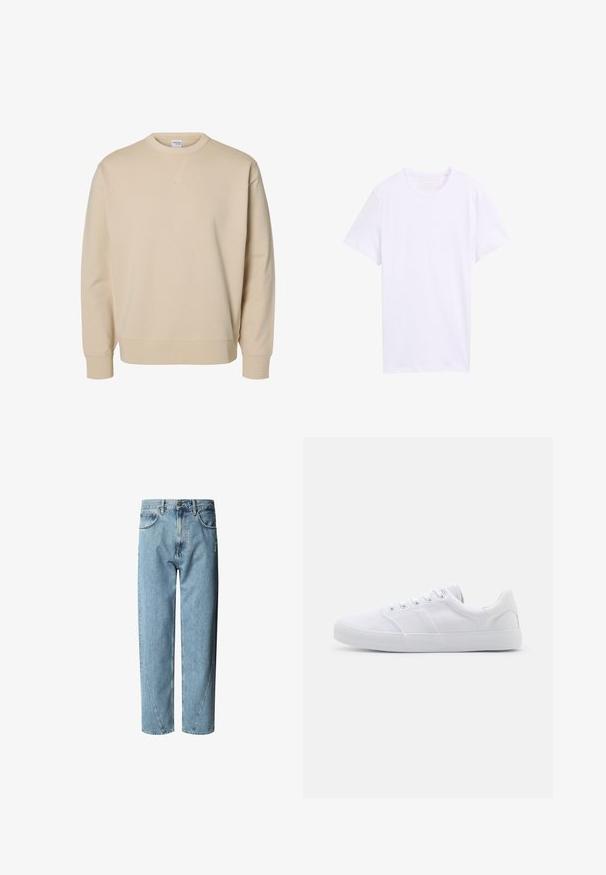 Sudadera beige con cuello redondo, mangas largas, puños y bajo acanalados, y un pequeño detalle en forma de V cosido debajo del cuello.; Camiseta blanca lisa de algodón, de manga corta y cuello redondo, talla grande, mostrada extendida sobre un fondo blanco.; Vaqueros de mezclilla azul claro con un corte relajado, que presentan una cintura alta, costuras de contraste y un ligero desgaste en la parte frontal.; Zapatillas de lona blancas con suela de goma, que cuentan con seis ojales, una puntera texturizada y un diseño minimalista.