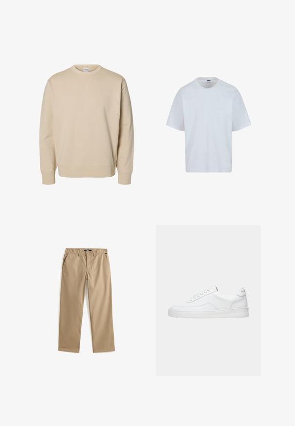 Beiges Sweatshirt mit Rundhalsausschnitt, langen Ärmeln, gerippten Bündchen und Saum sowie einem kleinen aufgenähten V-Detail unter dem Kragen.; Weißes Baumwoll-T-Shirt mit rundem Halsausschnitt, kurzen Ärmeln und geradem Schnitt. Verfügt über dezente Nähte an den Schultern.; Beige gerade Hose mit Knopf- und Reißverschluss, Gürtelschlaufen und Seitentaschen, flach auf weißem Hintergrund liegend.; Weißer Sneaker mit niedrigem Schaft, Schnürdesign, glattem Lederobermaterial und dicker Sohle, von der Seite auf einfachem Hintergrund gezeigt.
