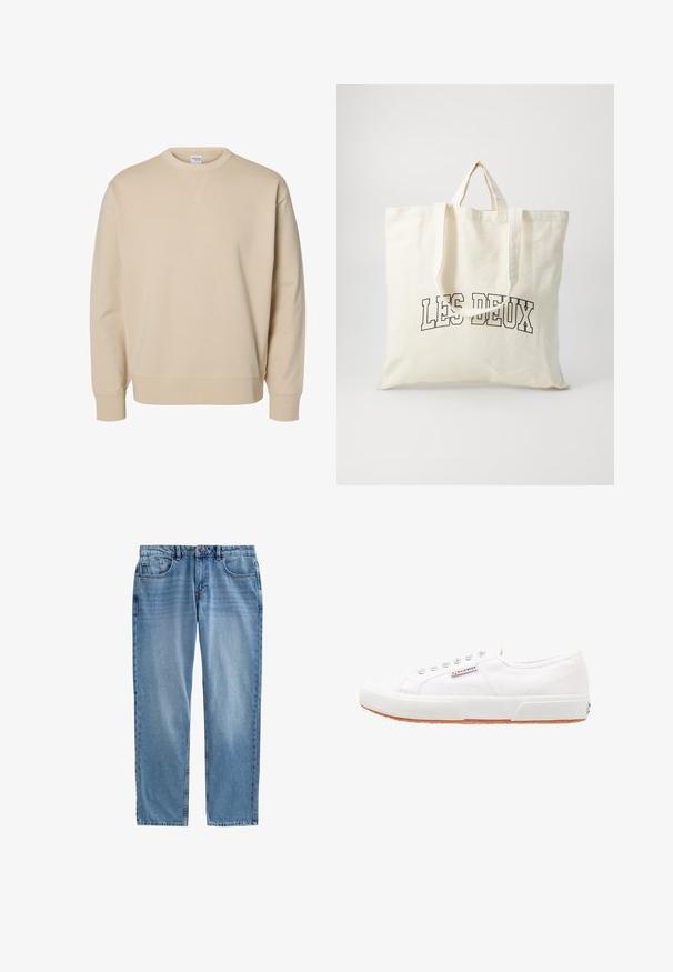 Beige sweater met ronde hals, lange mouwen, geribde boorden en zoom, en een klein gestikt V-detail onder de kraag.; Lichtblauwe denim jeans met een rechte pasvorm, vijf zakken, zichtbare naden en een ritsluiting. Geen slijtage of patronen aanwezig.; Witte canvas sneakers met een rubberen zool, vetersluiting en een klein logolabel aan de zijkant. Gewreven wit bovenwerk en een bruine zool.; Canvas draagtasje in off-white, voorzien van korte handvatten en de geprinte tekst "LES DEUX" in vetgedrukte zwarte letters. Duurzaam, eenvoudig ontwerp.