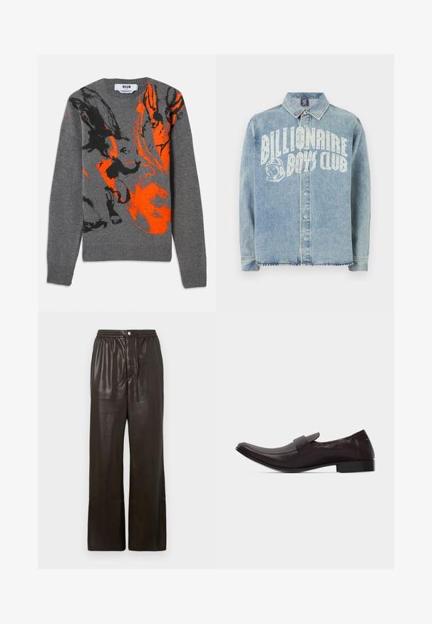 Pull en tricot gris avec un design abstrait contrasté en orange et noir. Encolure ronde et poignets et ourlet côtelés. Texture douce.; Veste en denim bleu clair avec fermeture à boutons, col et texte blanc "Billionaire Boys Club" accompagné d'un graphique de casque d'astronaute sur la poitrine.; Pantalon en simili cuir marron foncé avec une taille élastique, une fermeture à bouton à l'avant et des jambes droites larges.; Mocassin pour homme en cuir brun foncé avec un talon bas, un bout carré arrondi et une bride sur le cou-de-pied, présenté en profil latéral.