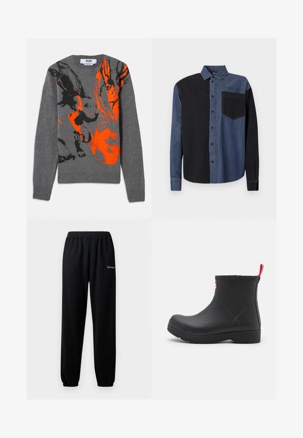 Grå strikket sweater med et kontrasterende orange og sort abstrakt design. Rund hals og ribbede manchetter og kant. Blød tekstur.; Skjorte med knap-op foran, der har et delt design: venstre side er sort, højre side er denimblå, med en brystlomme og et branddatal foran.; Sorte sweatpants lavet af blødt stof, med elastisk talje og manchetter. Inkluderer "No Problemo" broderet i hvidt på venstre ben.; Sort gummistøvle med glat overflade, rund tå og en rød strop bagpå. Har en lav, robust sål for holdbarhed.
