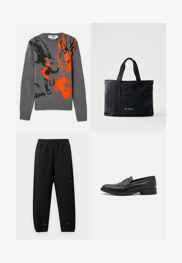Grå strikket sweater med et kontrasterende orange og sort abstrakt design. Rund hals og ribbede manchetter og kant. Blød tekstur.; Sorte joggingbukser med elastisk linning og manchetter, slim fit, subtile syningsdetaljer og lille hvidt logo nær anklerne og låret.; Sort læderloafer med en glat finish, en dekorativ rem over vristen, rund tå og en lav stablet hæl.; Sort lærredstaske med to håndtag, forlomma og "LES DEUX" broderet i blåt på forlommen.