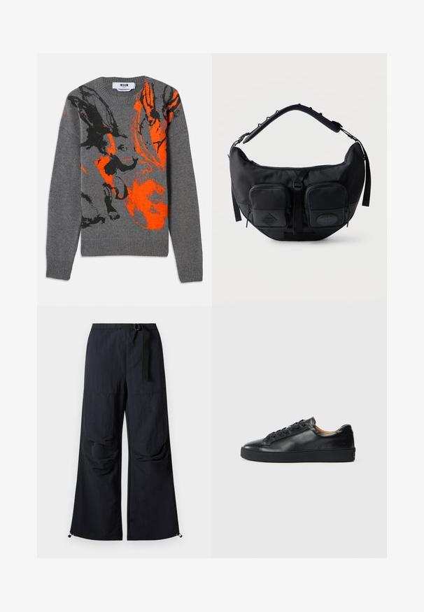 Grå strikket sweater med et kontrasterende orange og sort abstrakt design. Rund hals og ribbede manchetter og kant. Blød tekstur.; Sorte bukser med vide ben lavet af letvægtstof. Har bælte, to store sidelommer og justerbare kanter med snorlås.; Sorte lædersneakers med en glat overflade, rund tå og snørebåndslukning. Har en tyk gummisål og minimal branddetalje.; Sort skuldertaske i halvmåneform med polstret justerbar rem og to lynlåslommer foran med trækflapper.