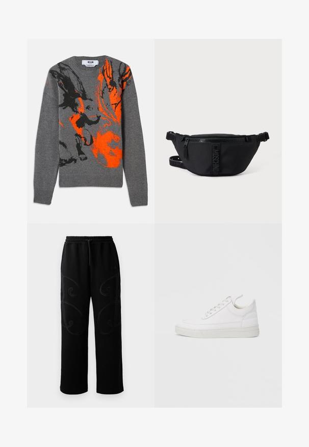 Pull en tricot gris avec un design abstrait contrasté en orange et noir. Encolure ronde et poignets et ourlet côtelés. Texture douce.; Pantalons de jogging noirs avec une coupe décontractée, présentant des motifs de couture tourbillonnants complexes sur les côtés et une ceinture élastique avec cordon de serrage.; Baskets en cuir blanc avec un embout arrondi, une semelle plate et un laçage à l'avant. Présentent des détails de couture et un col rembourré pour plus de confort.; Sac banane noir Moschino avec fermeture éclair frontale et sangle ajustable sur un fond uni clair.