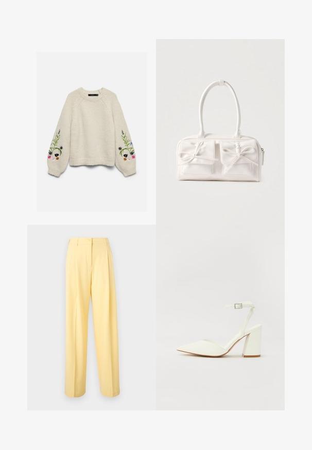 Pull en maille crème avec de longues manches bouffantes présentant des motifs floraux brodés colorés près des poignets.; Pantalon taille haute jaune clair avec fermeture par bouton et zip, coupe droite jambes larges et devant plat.; Sandale blanche à talon avec un bout pointu, sangle de cheville réglable et un talon carré épais. Texture lisse avec des détails de couture minimaux.; Sac à main synthétique blanc avec deux poches avant, chacune ornée d'un nœud noué. Texture lisse, anses arrondies et fermeture zippée.