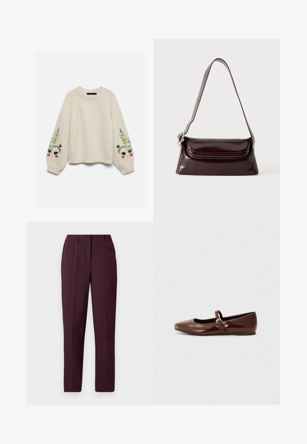 Pull en maille crème avec de longues manches bouffantes présentant des motifs floraux brodés colorés près des poignets.; Pantalon droit bordeaux avec une texture lisse, présentant un devant plat et sans poches visibles. Coupe ajustée avec une coupe classique.; Ballerine en cuir verni marron avec un bout carré et une lanière ornée d'une petite boucle dorée. Texture lisse, talon bas et design minimaliste.; Sac à bandoulière en cuir bordeaux foncé avec fermeture à rabat et une fine sangle réglable, présenté sur un fond clair uni.