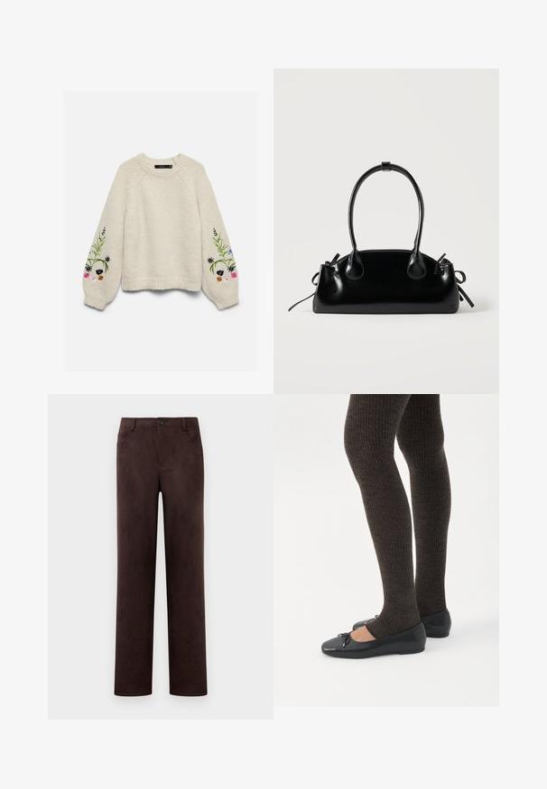Pull en maille crème avec de longues manches bouffantes présentant des motifs floraux brodés colorés près des poignets.; Pantalons en suède marron foncé à jambes droites avec fermeture à bouton et zip à l'avant, passants de ceinture et poches latérales.; Jambes portant des leggings côtelés foncés associés à des ballerines noires avec de petits détails en nœud sur fond blanc.; Petit sac à main noir brillant avec deux longues anses et des détails à cordon sur les côtés sur un fond clair uni.