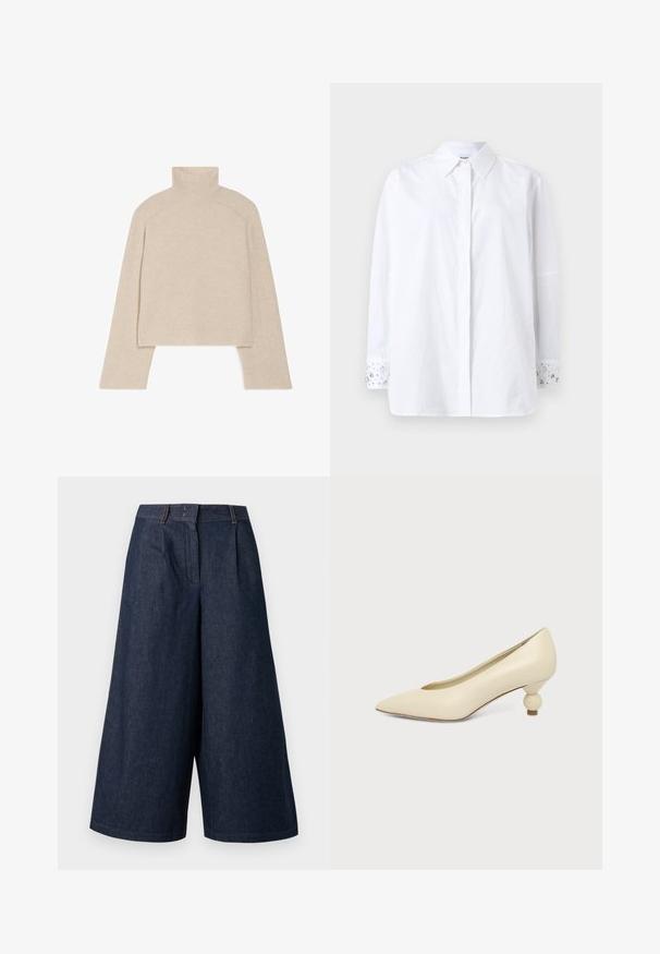 Pull col roulé beige à côtes, avec des manches longues et une coupe ajustée, présentant un col haut et un motif de tricot texturé.; Chemise blanche à boutons, manches longues et col. Les poignets sont ornés de bijoux décoratifs et d'un motif floral. Confectionnée en tissu opaque.; Culottes en denim bleu foncé à jambes larges avec plis devant et passants de ceinture, longueur du genou au mollet, présentés sur un fond clair.; Chaussure femme couleur crème à bout pointu avec un petit talon rond en forme de boule, sur fond uni.