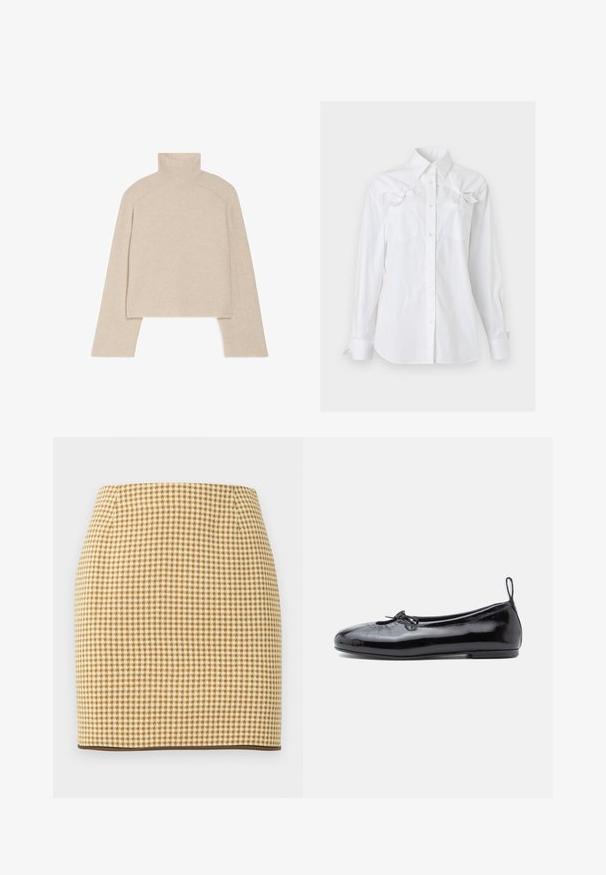 Beige geribbelde coltrui met lange mouwen en een slimfit ontwerp, voorzien van een hoge kraag en een gestructureerd breipatroon.; Witte blouse met lange mouwen, knoopsluiting, kraag en twee borstzakken, elk voorzien van een decoratieve strik vlak bij de bovenkant.; Beige en bruine potloodrok met pied-de-poule patroon, een aansluitende pasvorm en donkerbruine afwerking aan de zoom.; Zwarte gepoetste leren balletschoenen met een ronde neus, een klein strikje en een gladde textuur; heeft een lage platte zool en een lusje aan de hiel.