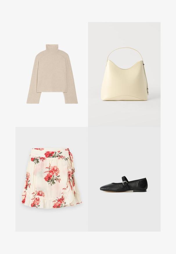 Beige ribbet turtleneck sweater med lange ærmer og en tætsiddende design, der har en høj krave og et tekstureret strikkemønster.; Cremefarvet omslagsnederdel med rødt blomsterprint og flæsekanter, med grønne blade og bindebånd i siden.; Sorte læder balletflade med en spids tå, rem med spænde detaljer og en lav, flad sål. Glat tekstur med minimale designelementer.; Cremefarvet læderhåndtaske med buet topkant og enkelt strop, vist på ensartet lyst baggrund.