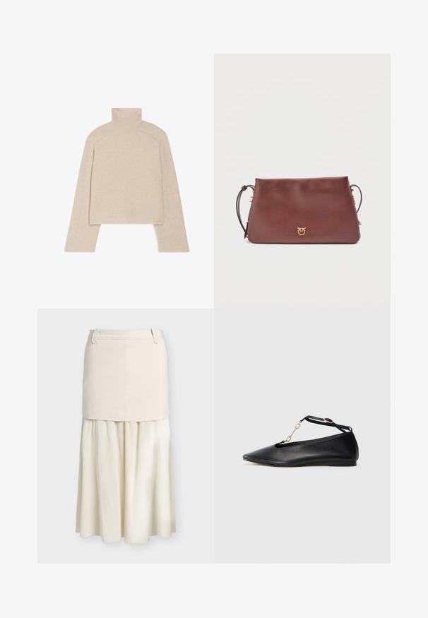 Beige ribbet turtleneck sweater med lange ærmer og en tætsiddende design, der har en høj krave og et tekstureret strikkemønster.; To-lags nederdel med et tætsiddende, glat øverste panel og en flydende, plisseret nederste sektion i off-white toner.; Sorte læder balletflade sko med spids tå, udsnit design, ankelrem og guldkæde accent. Glat tekstur, minimal hæl.; Brun læder crossbody taske med guldspænde og justerbar rem, vist på en hvid baggrund.